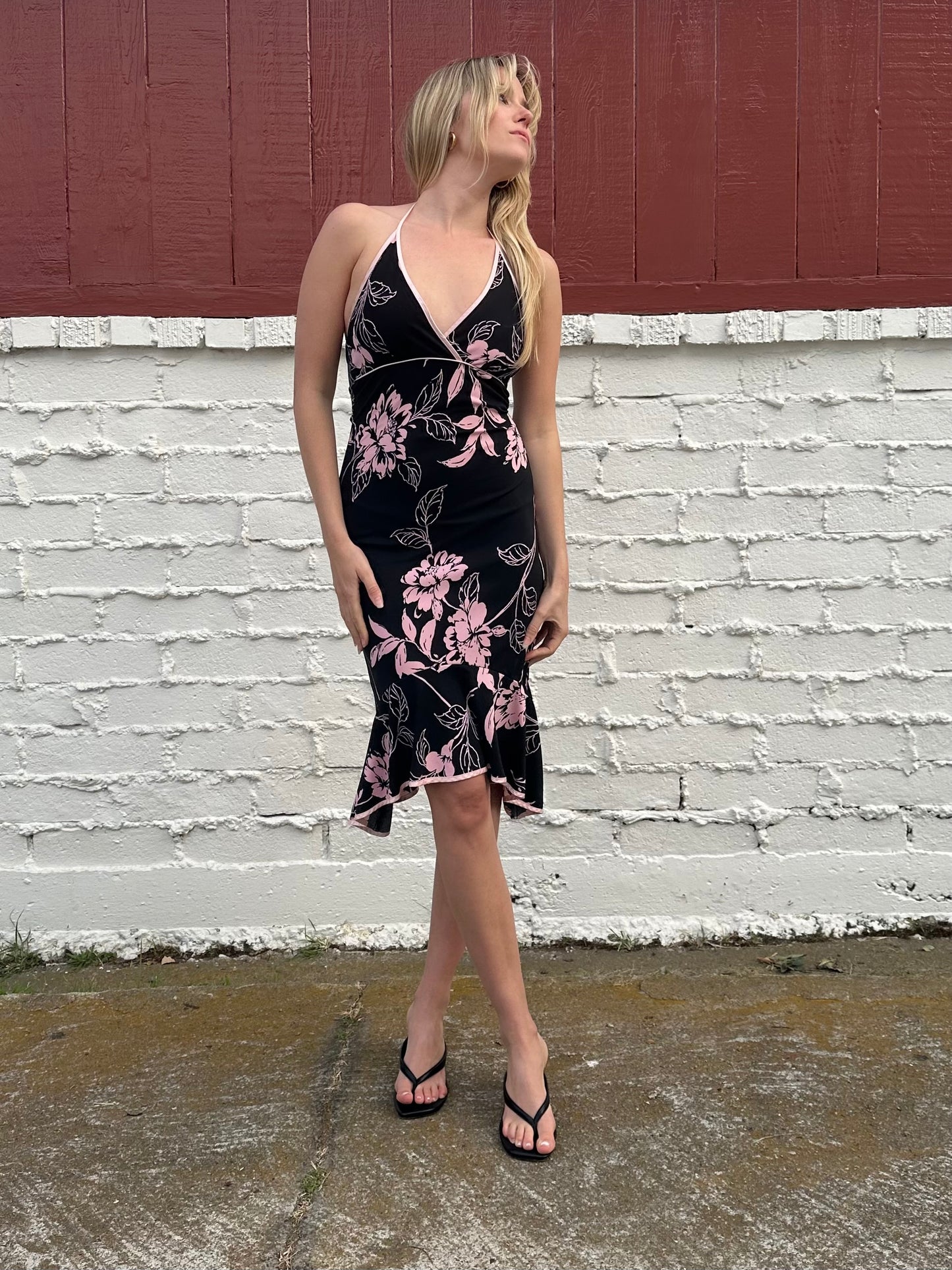 Y2k Floral Black Halter Midi Dress
