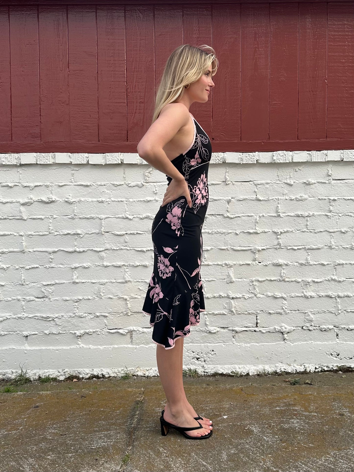 Y2k Floral Black Halter Midi Dress