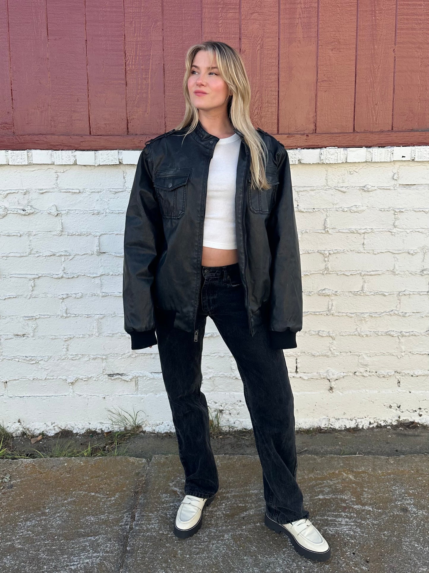 Black Faux Leather Sherpa Bomber Jacket