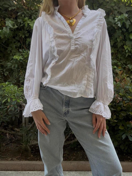 White Eyelet Ruffle Sleeve Blouse