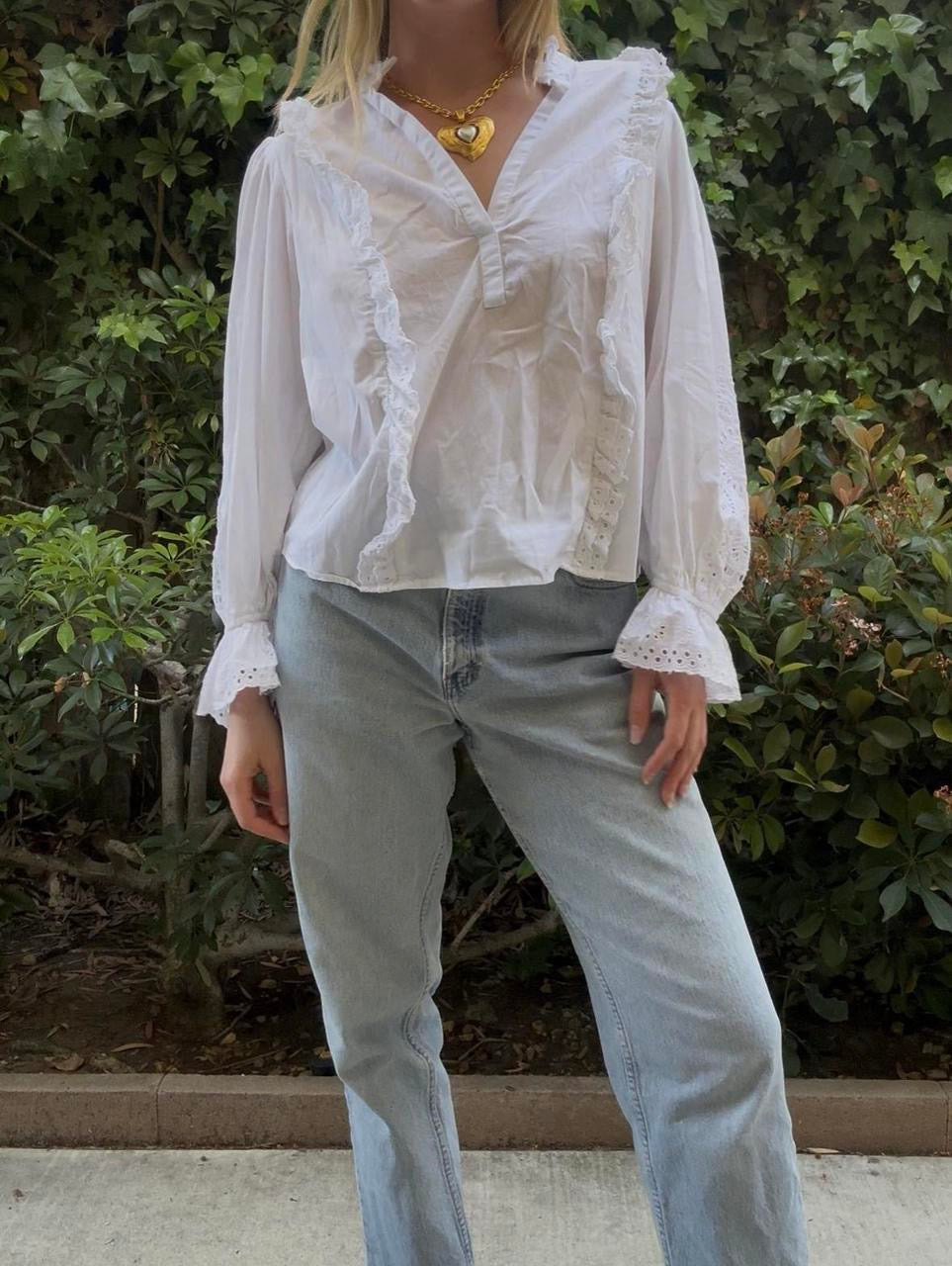 White Eyelet Ruffle Sleeve Blouse