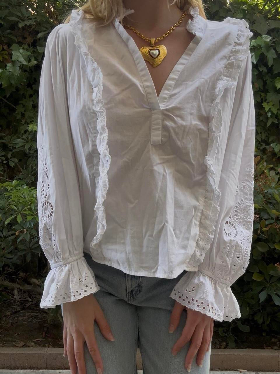 White Eyelet Ruffle Sleeve Blouse