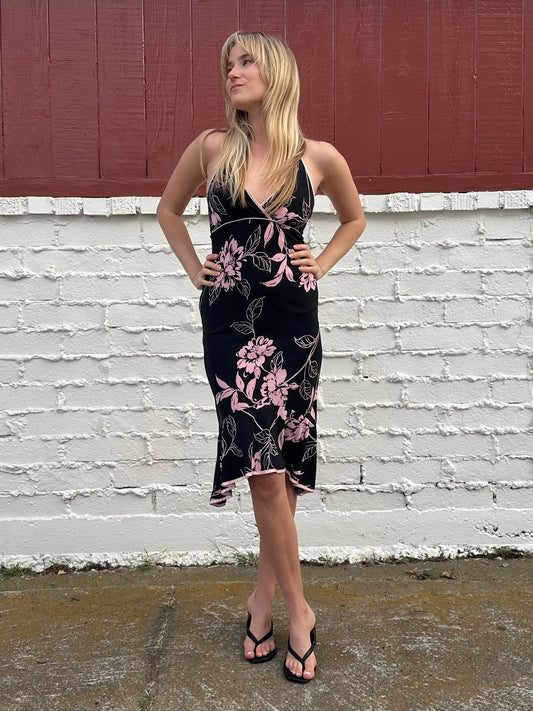 Y2k Floral Black Halter Midi Dress