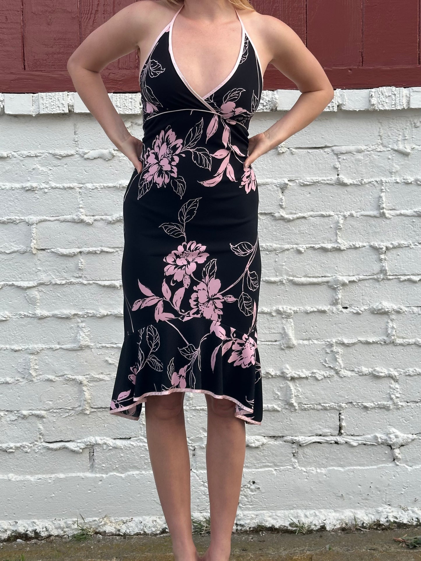 Y2k Floral Black Halter Midi Dress