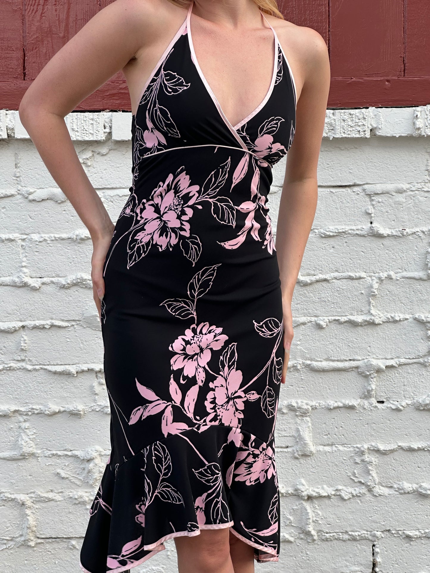 Y2k Floral Black Halter Midi Dress
