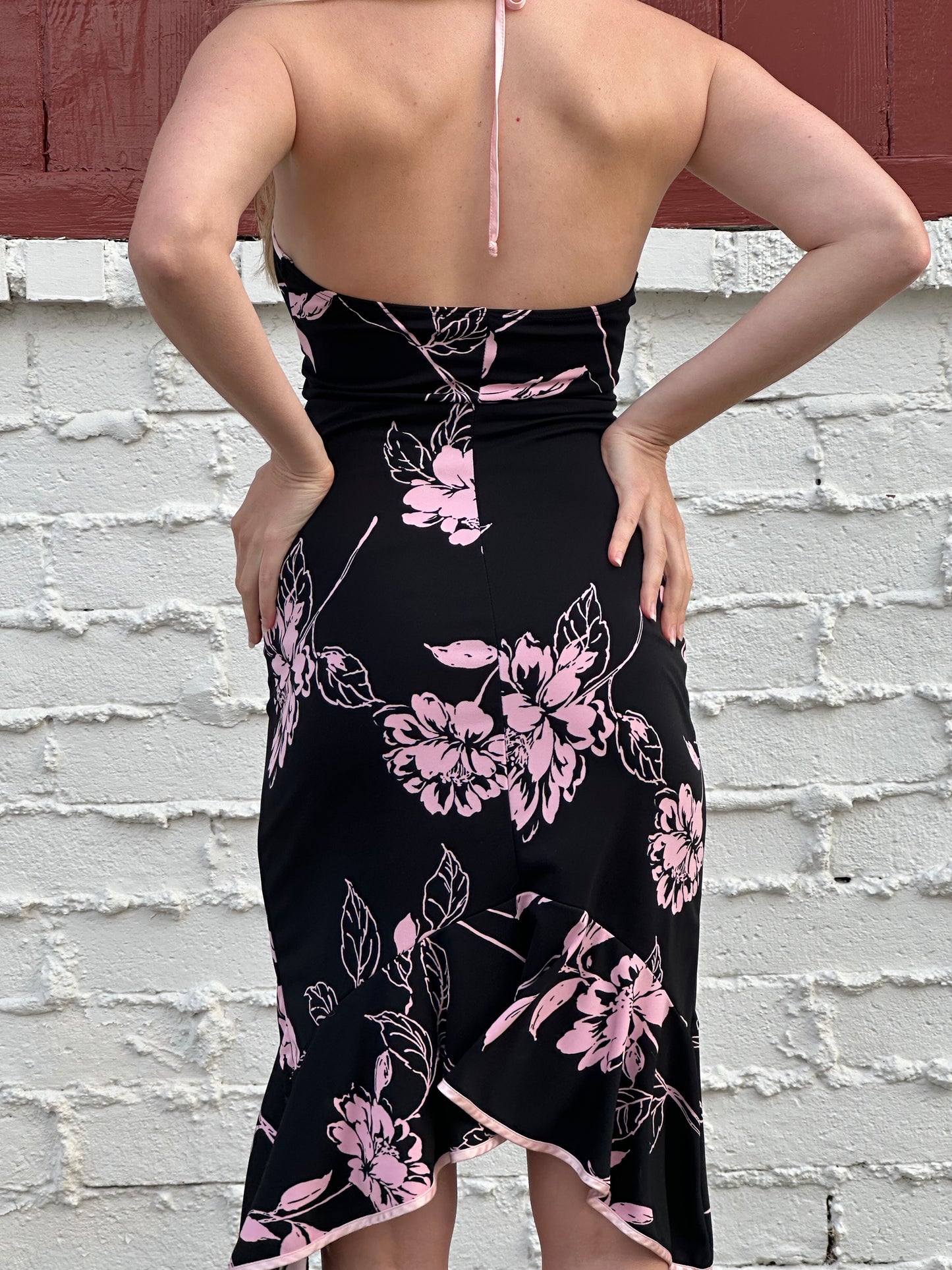 Y2k Floral Black Halter Midi Dress