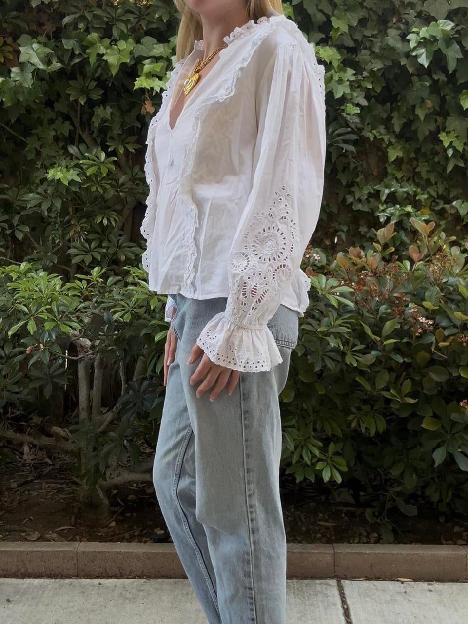 White Eyelet Ruffle Sleeve Blouse