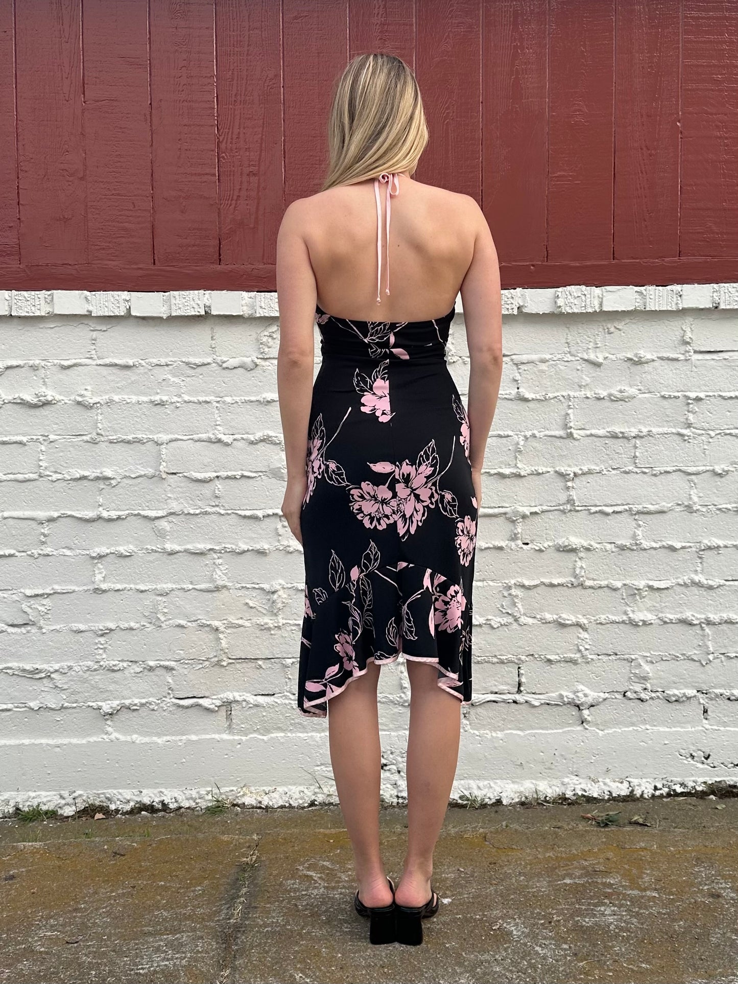 Y2k Floral Black Halter Midi Dress