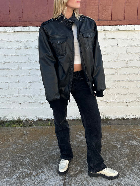 Black Faux Leather Sherpa Bomber Jacket