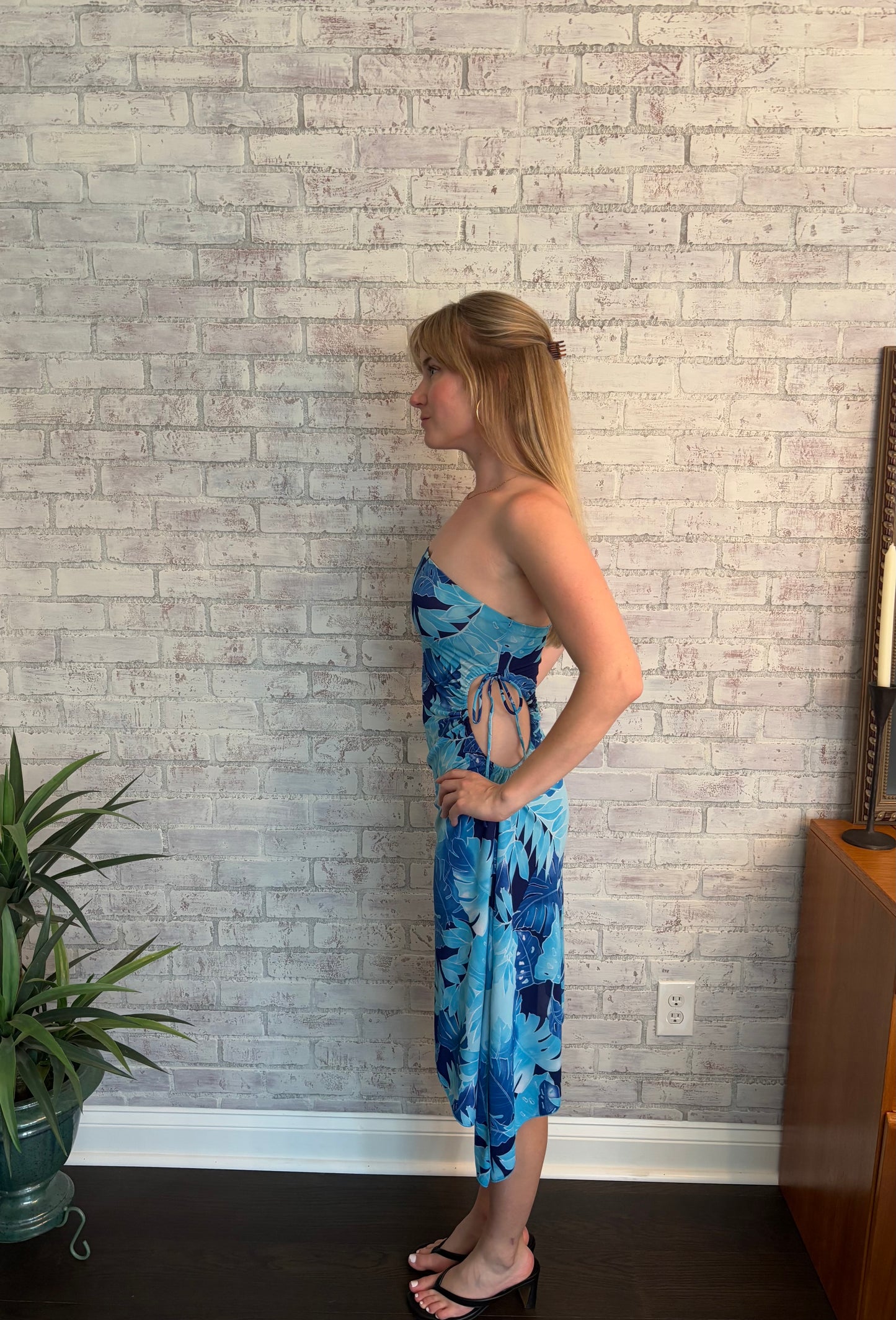 Vintage Y2k Blue Asymmetric Strapless Midi Dress