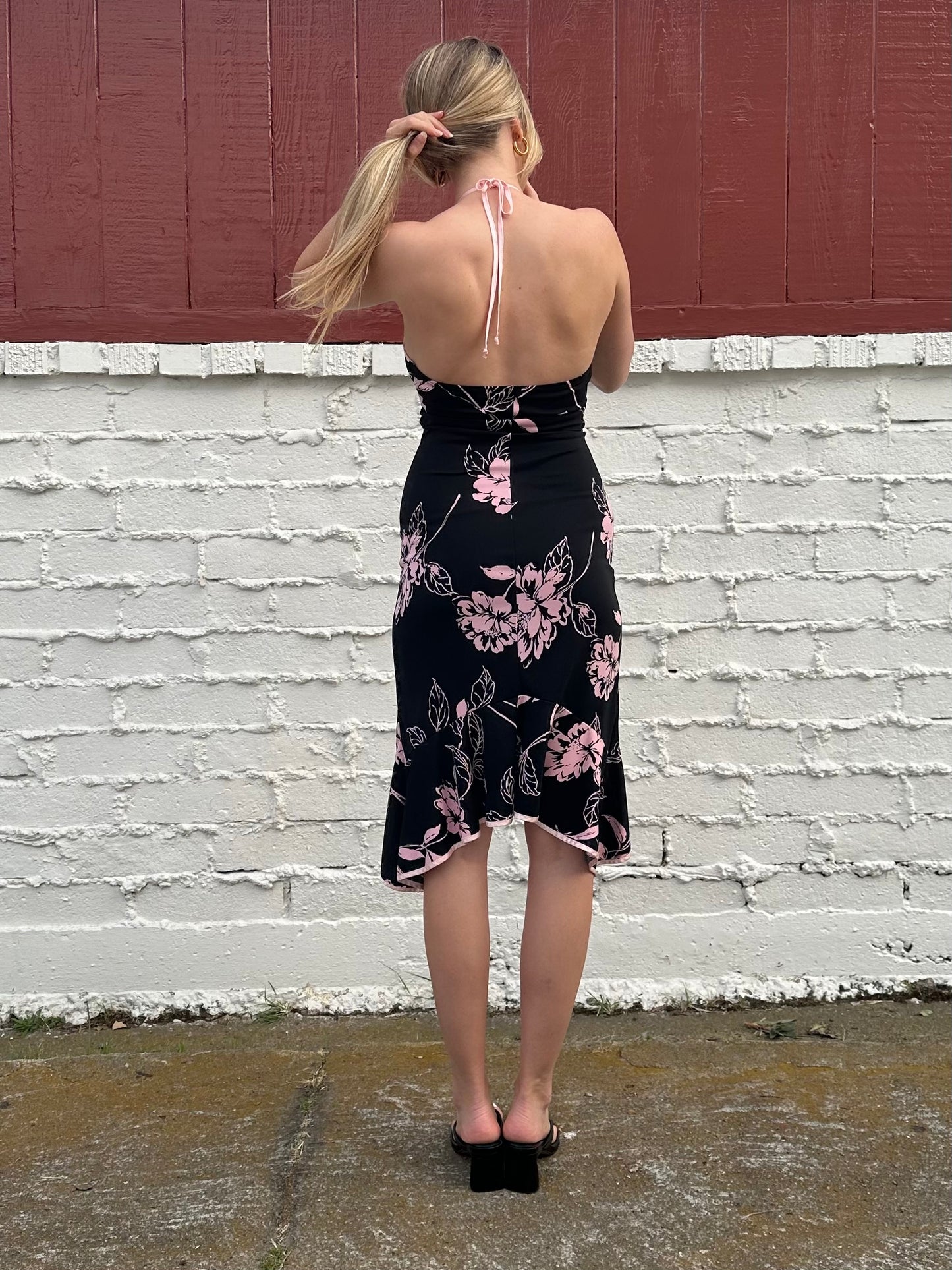 Y2k Floral Black Halter Midi Dress