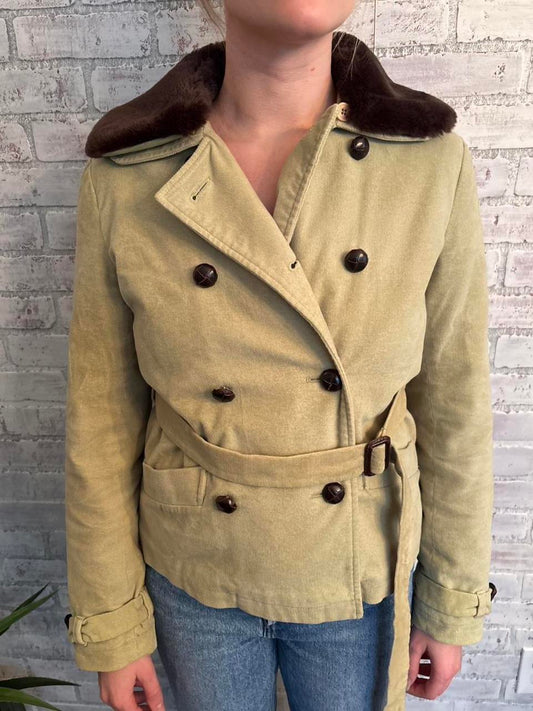 Vintage Y2k Tan Coat with Faux Fur Collar