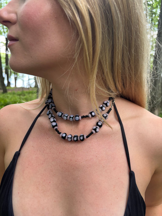 Black and Pink Beaded Necklace + Bracelet Set
