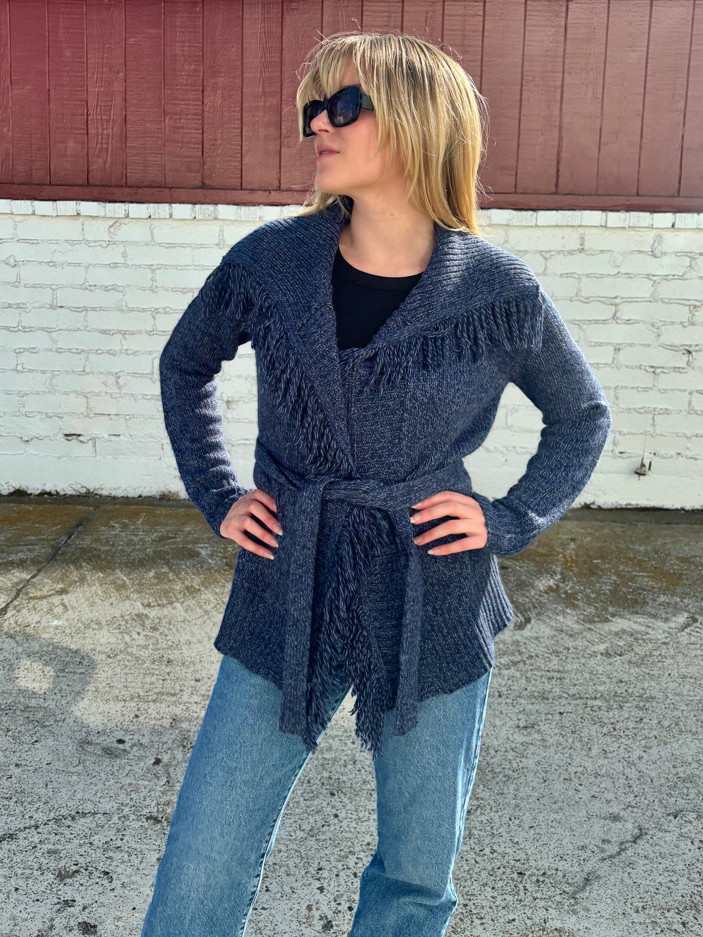 Navy Knit Fringe Trim Cardigan