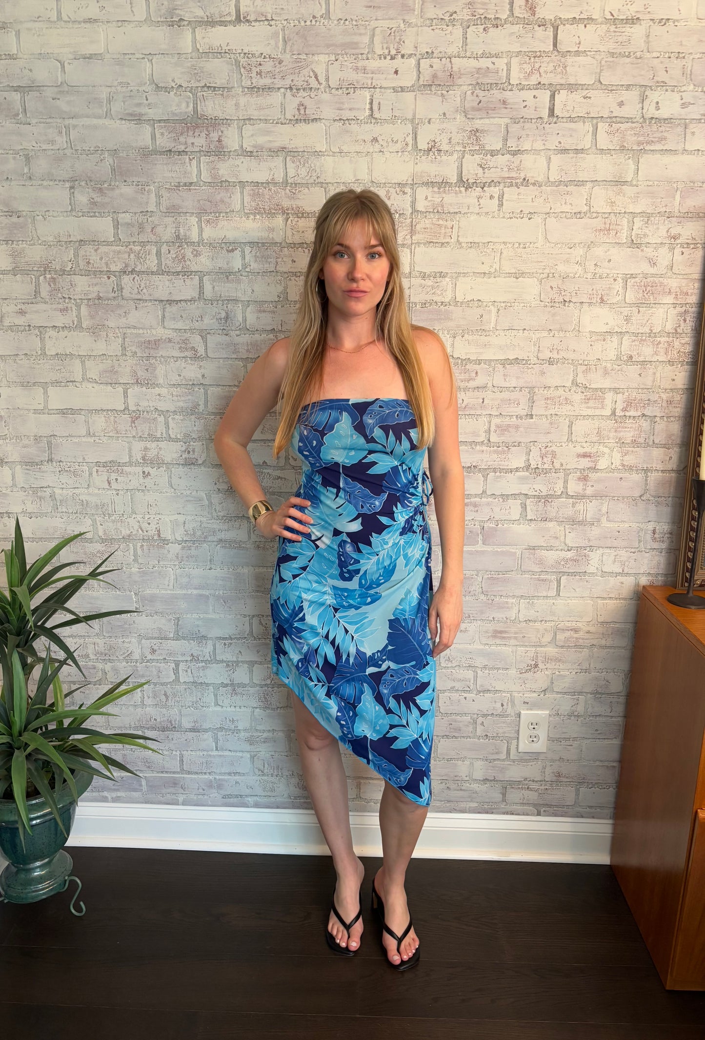 Vintage Y2k Blue Asymmetric Strapless Midi Dress