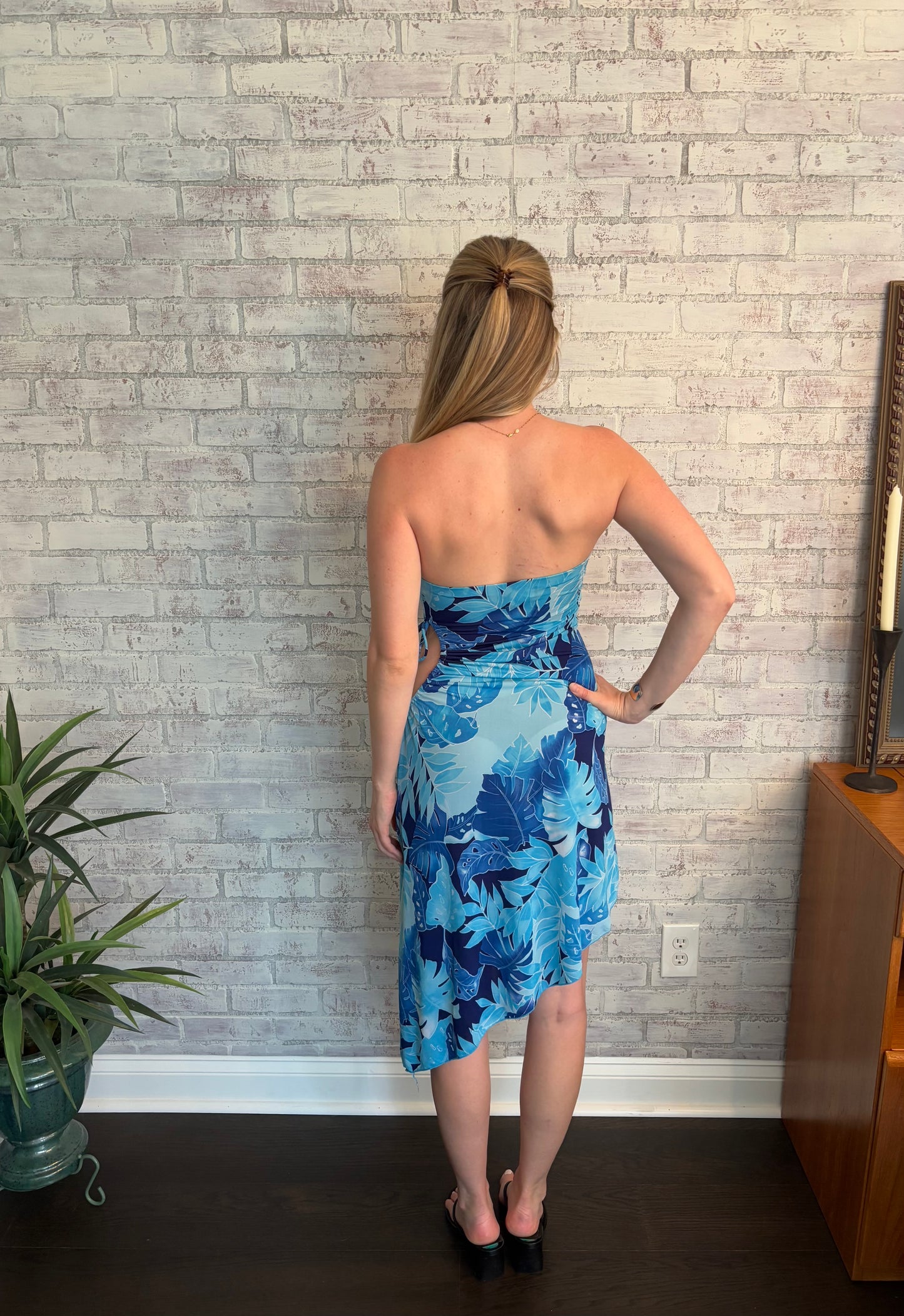 Vintage Y2k Blue Asymmetric Strapless Midi Dress