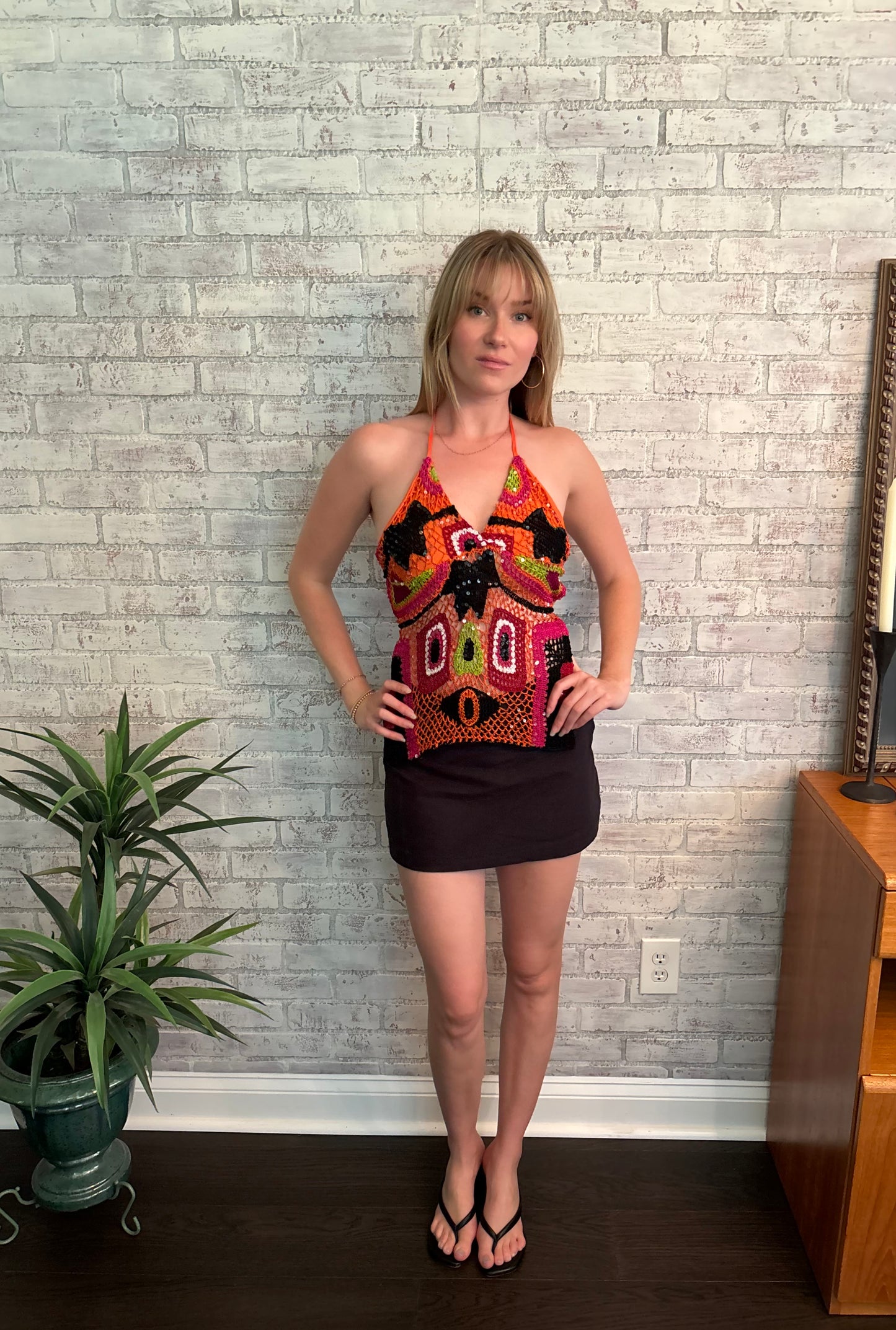 Multicolor Crochet Sequin Halter Top