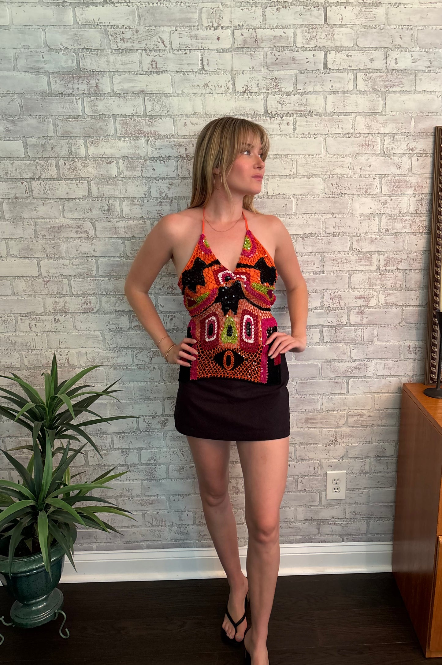 Multicolor Crochet Sequin Halter Top