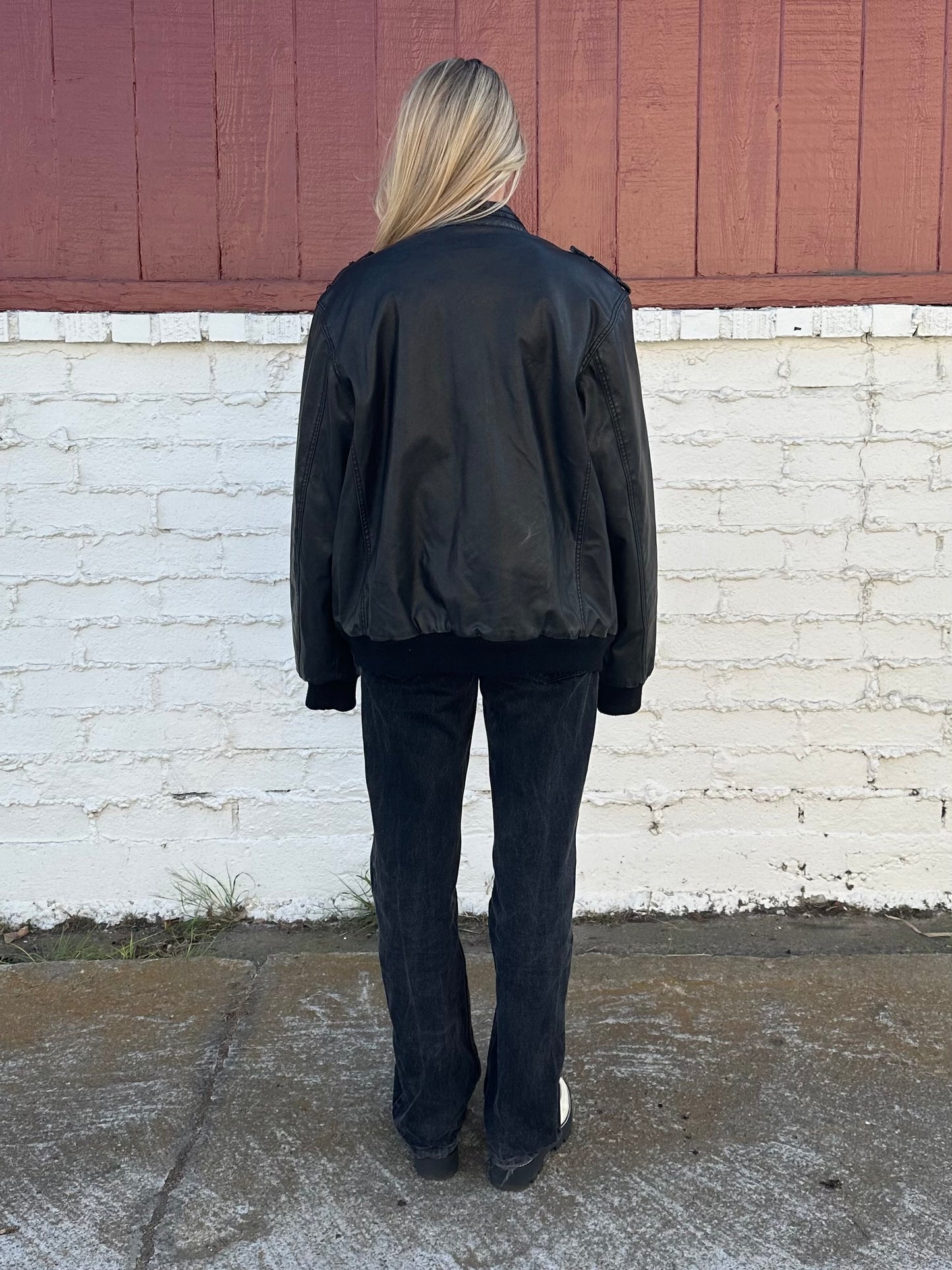 Black Faux Leather Sherpa Bomber Jacket