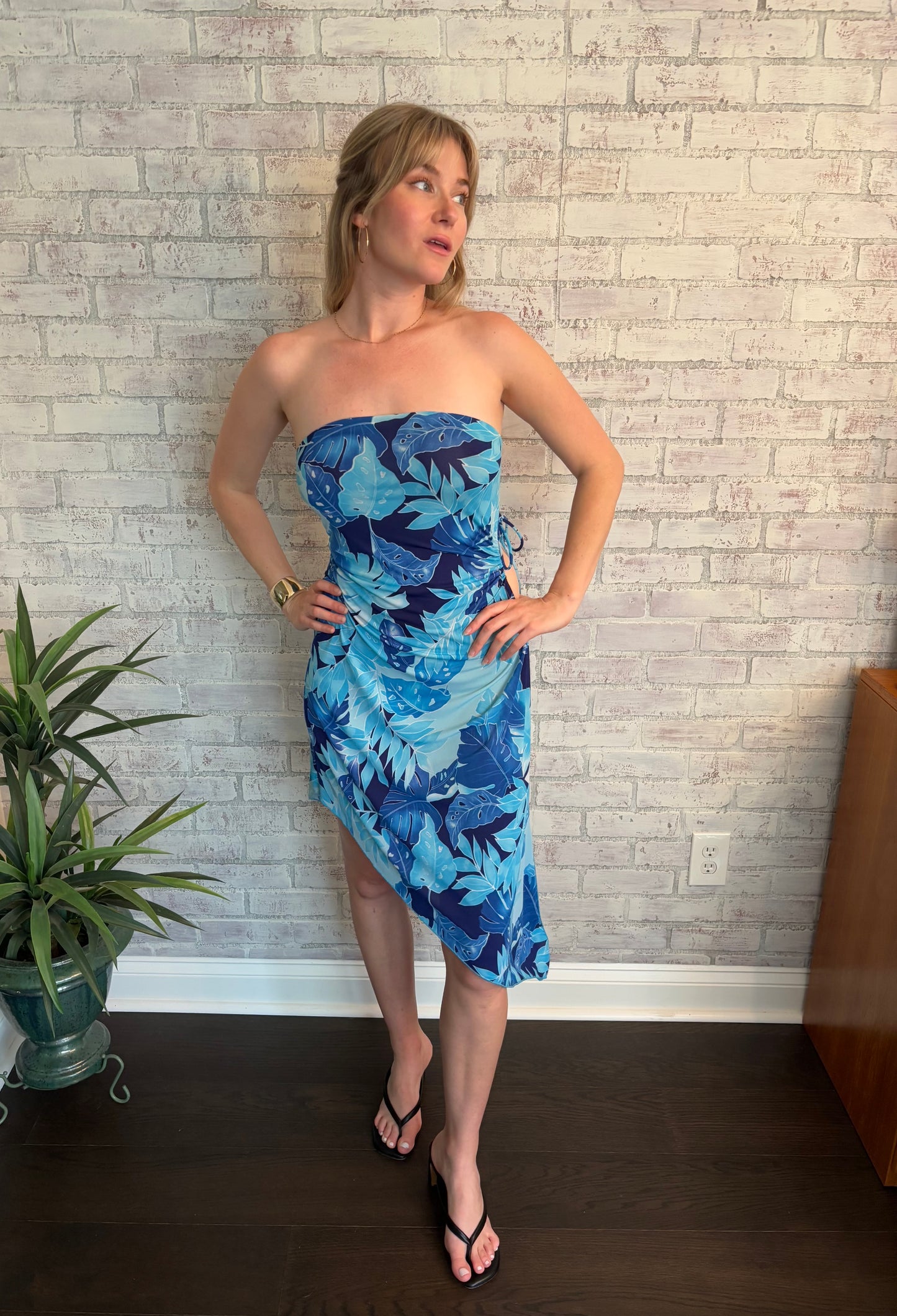 Vintage Y2k Blue Asymmetric Strapless Midi Dress