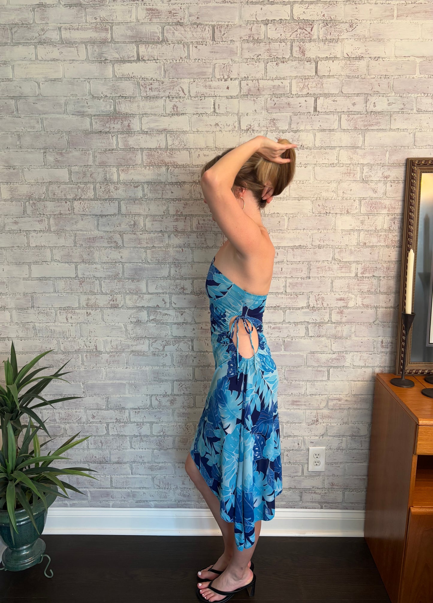 Vintage Y2k Blue Asymmetric Strapless Midi Dress