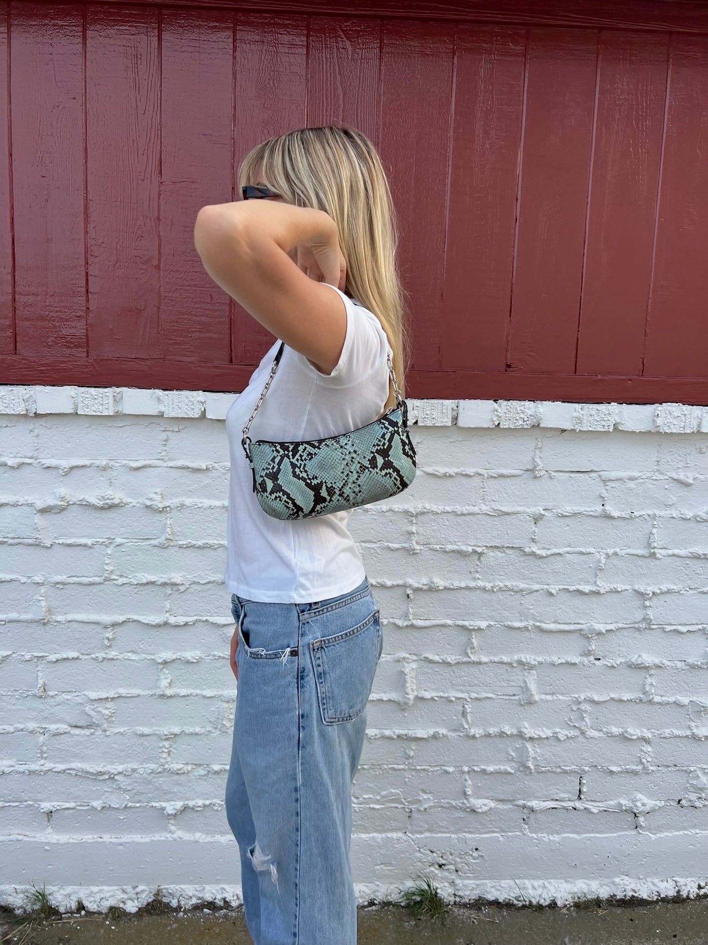 Leather Snakeskin Print Shoulder Bag