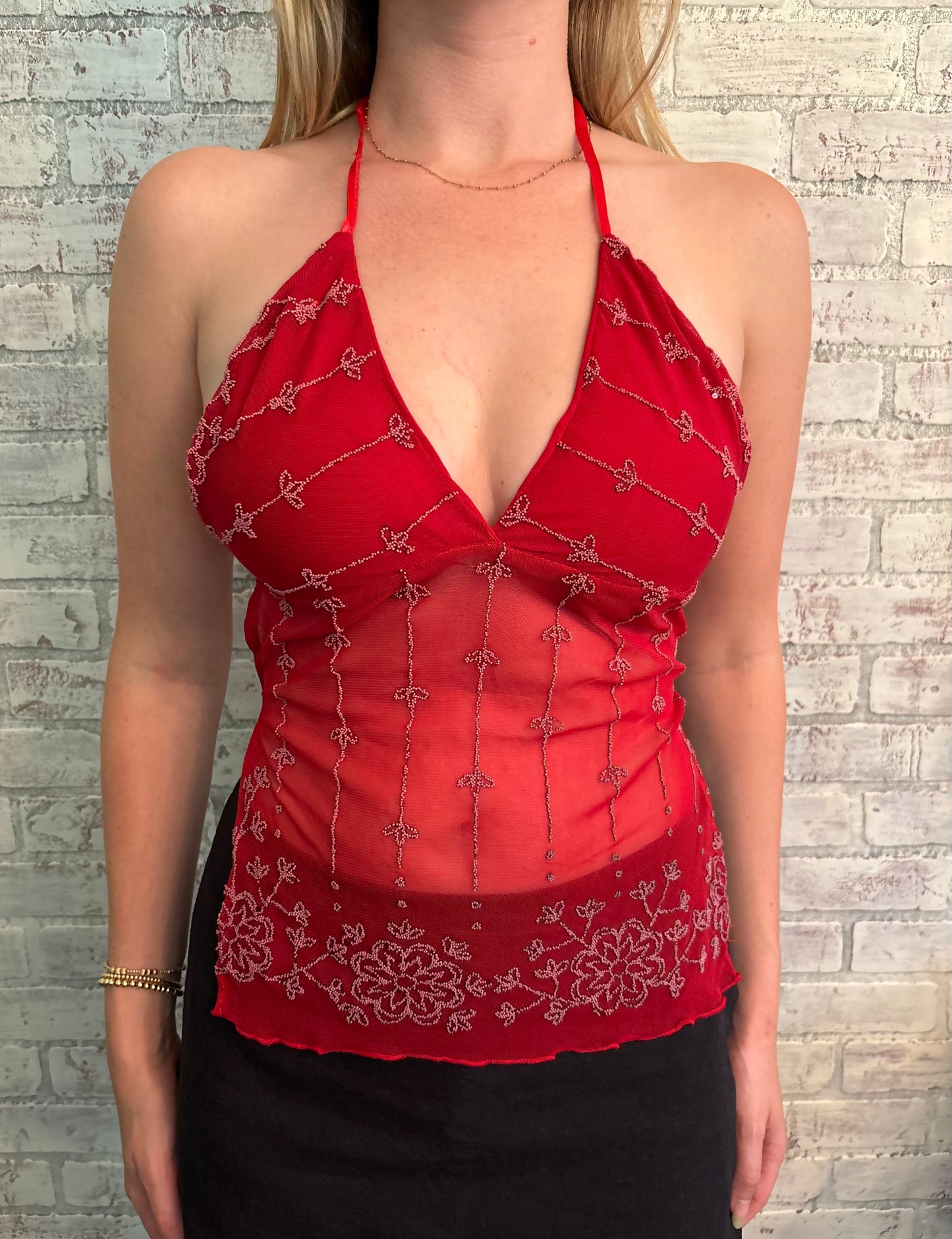 Red Beaded Sheer Halter Top