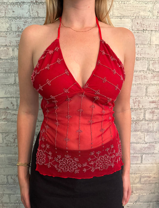 Red Beaded Sheer Halter Top