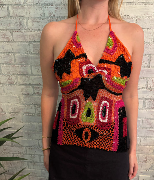 Multicolor Crochet Sequin Halter Top