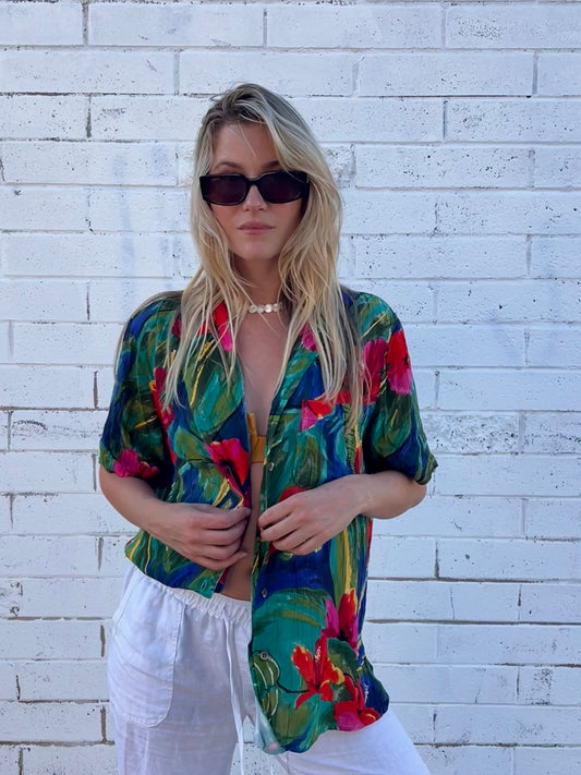 Colorful Hawaiian Print Button Down Shirt