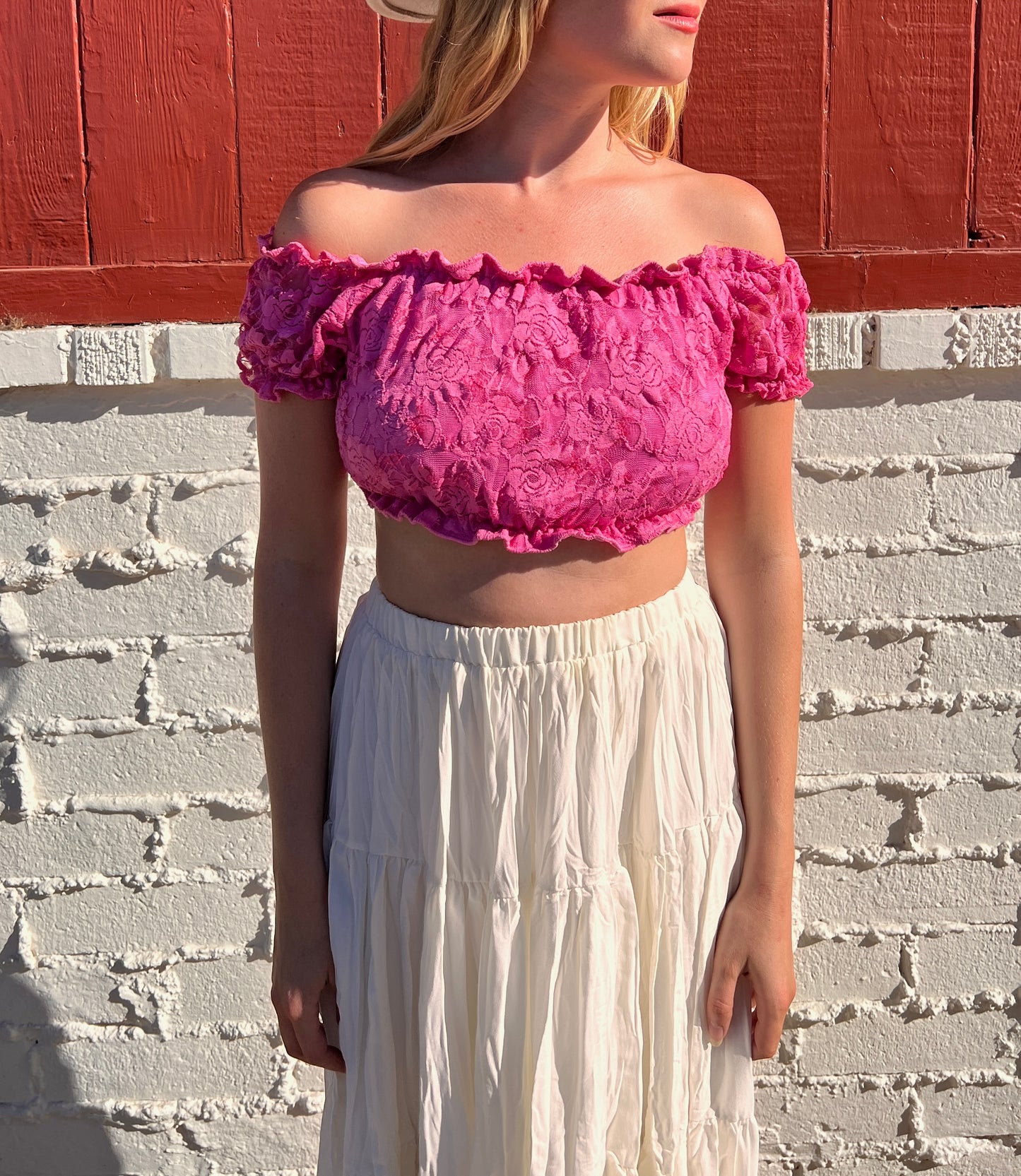 Pink Rose Off-the-Shoulder Crop Top