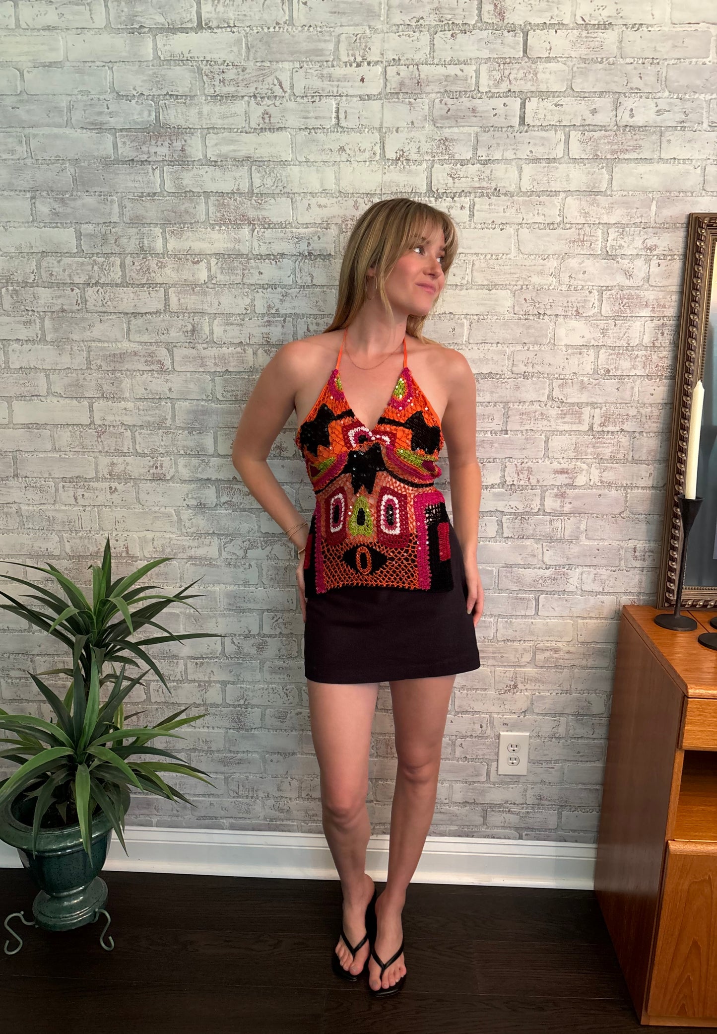 Multicolor Crochet Sequin Halter Top