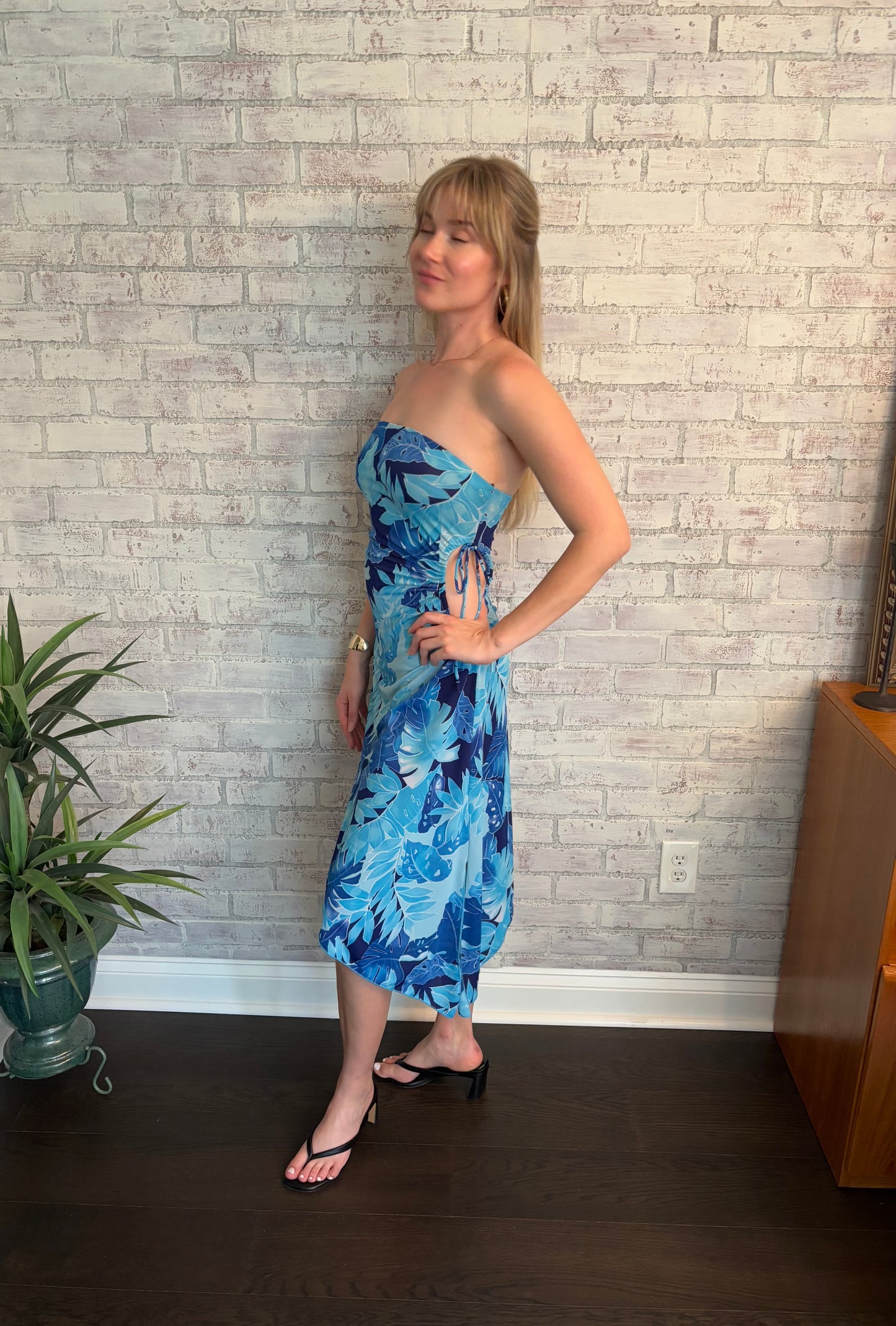 Vintage Y2k Blue Asymmetric Strapless Midi Dress