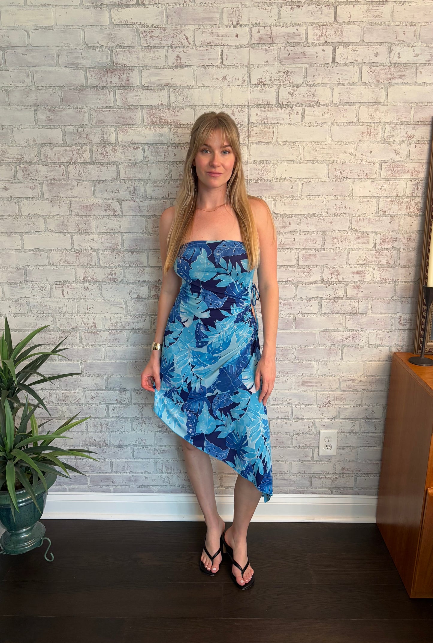 Vintage Y2k Blue Asymmetric Strapless Midi Dress