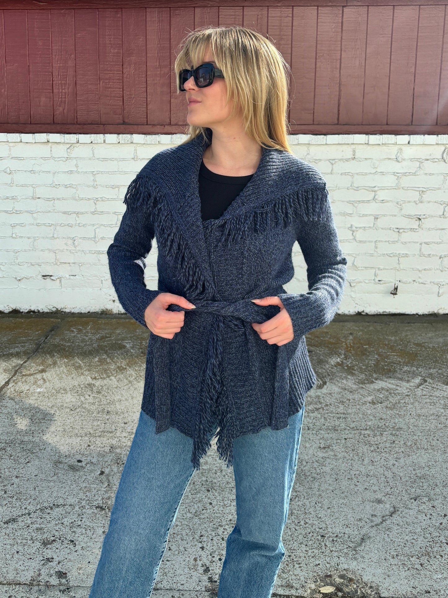 Navy Knit Fringe Trim Cardigan