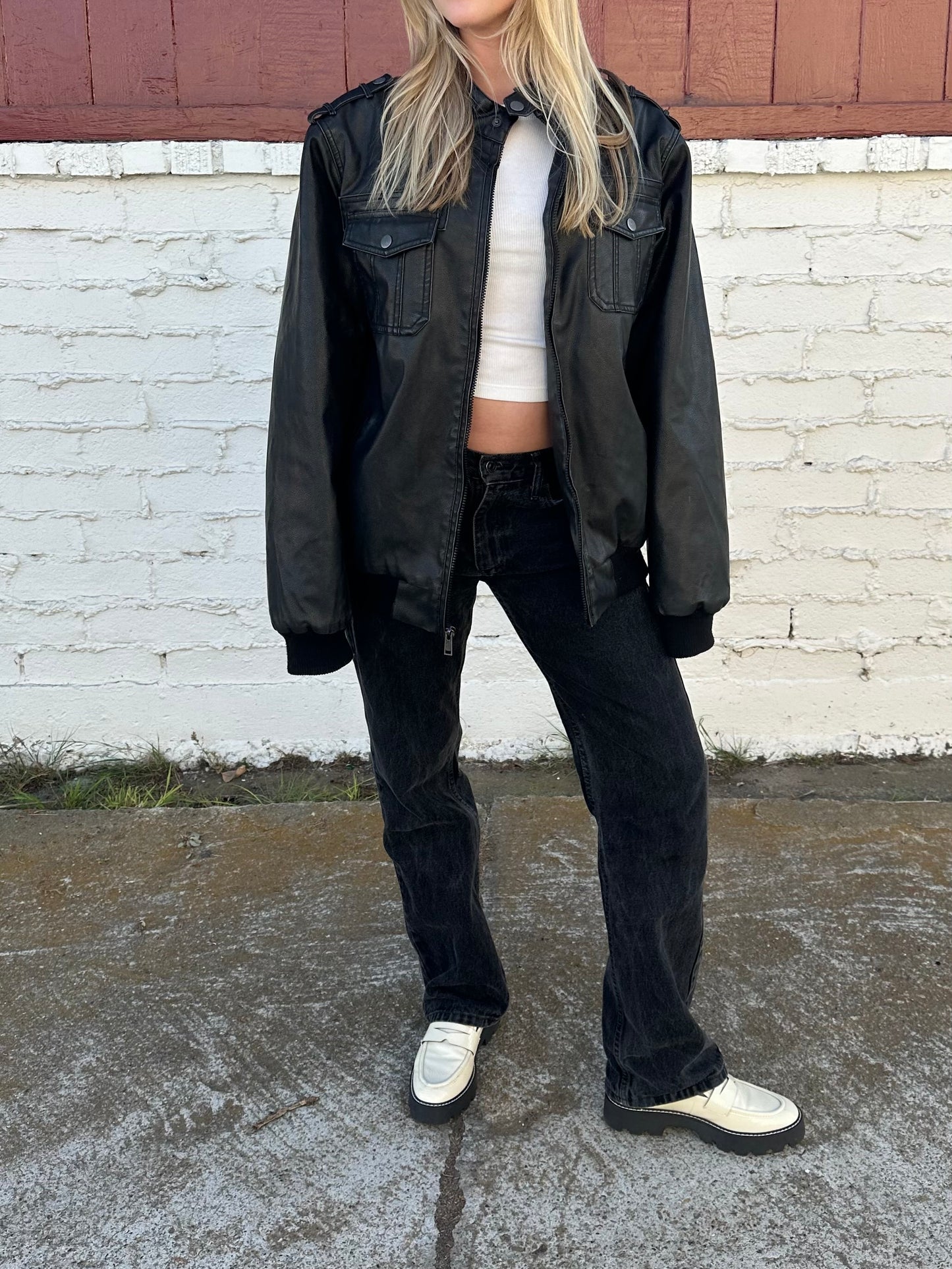 Black Faux Leather Sherpa Bomber Jacket