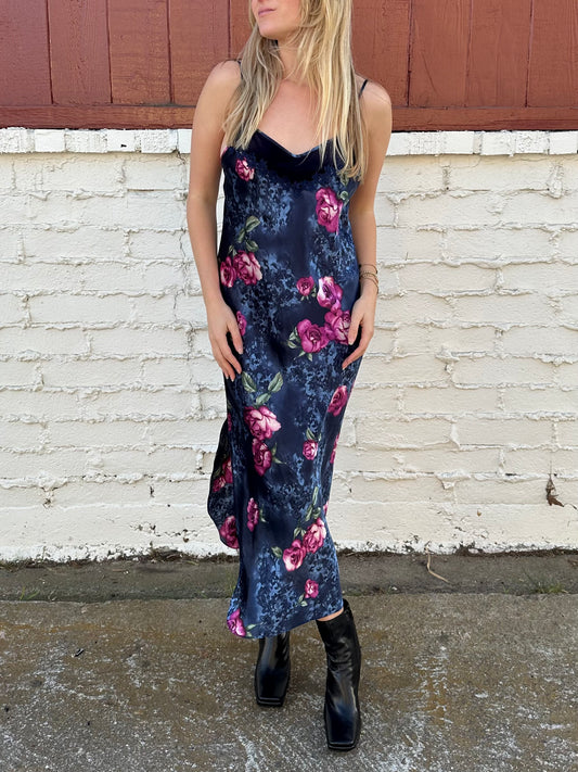 Vintage Navy Floral Maxi Slip Dress