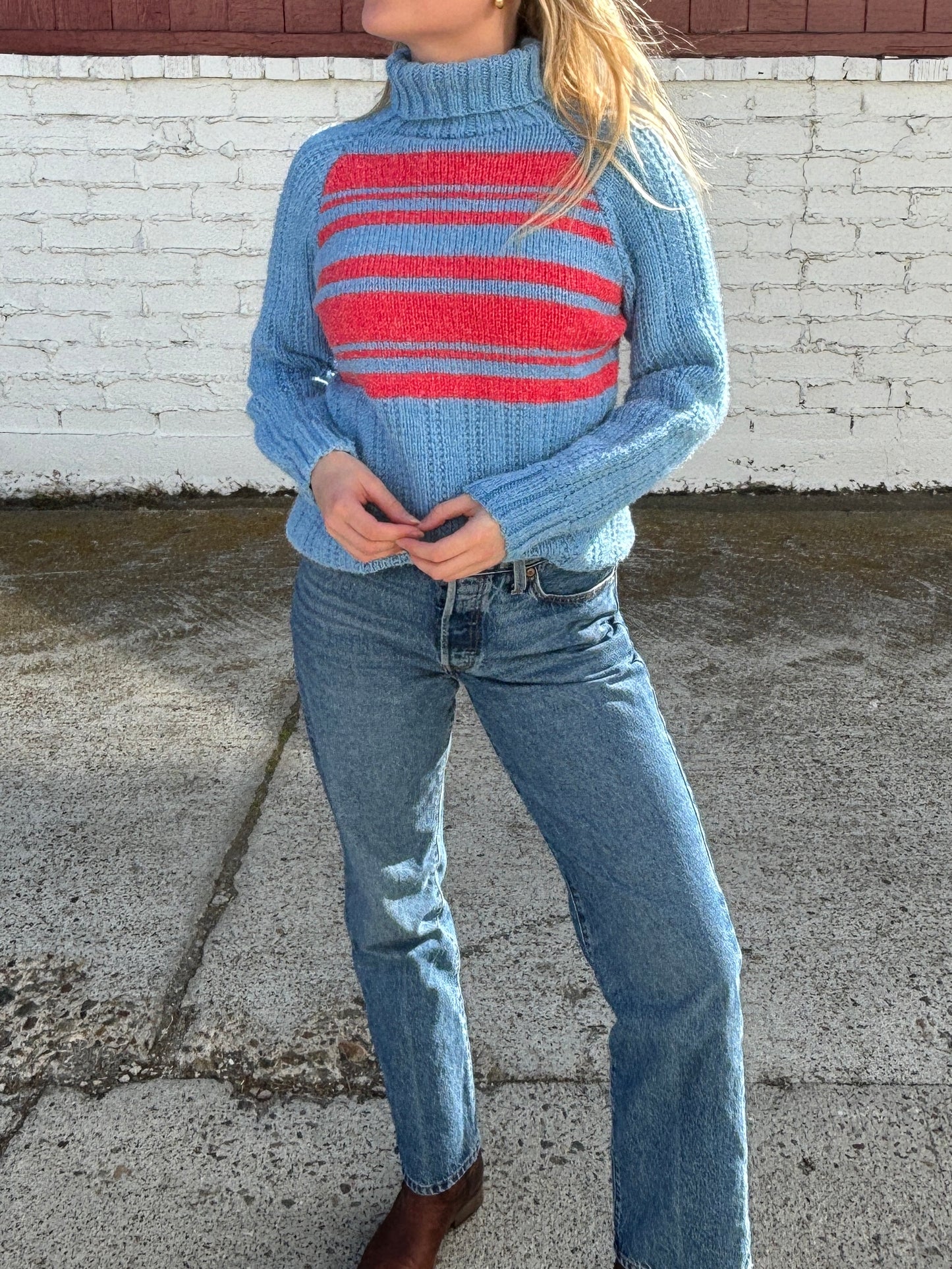 Vintage Blue and Red Stripe Turtleneck