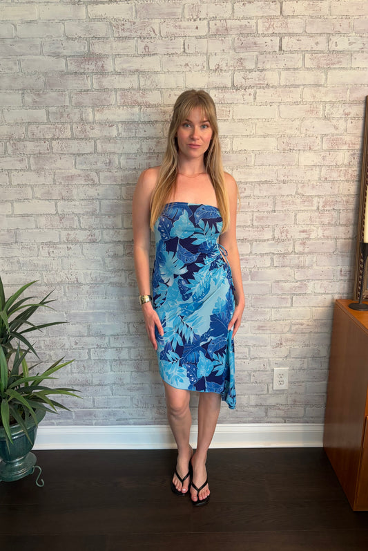 Vintage Y2k Blue Asymmetric Strapless Midi Dress