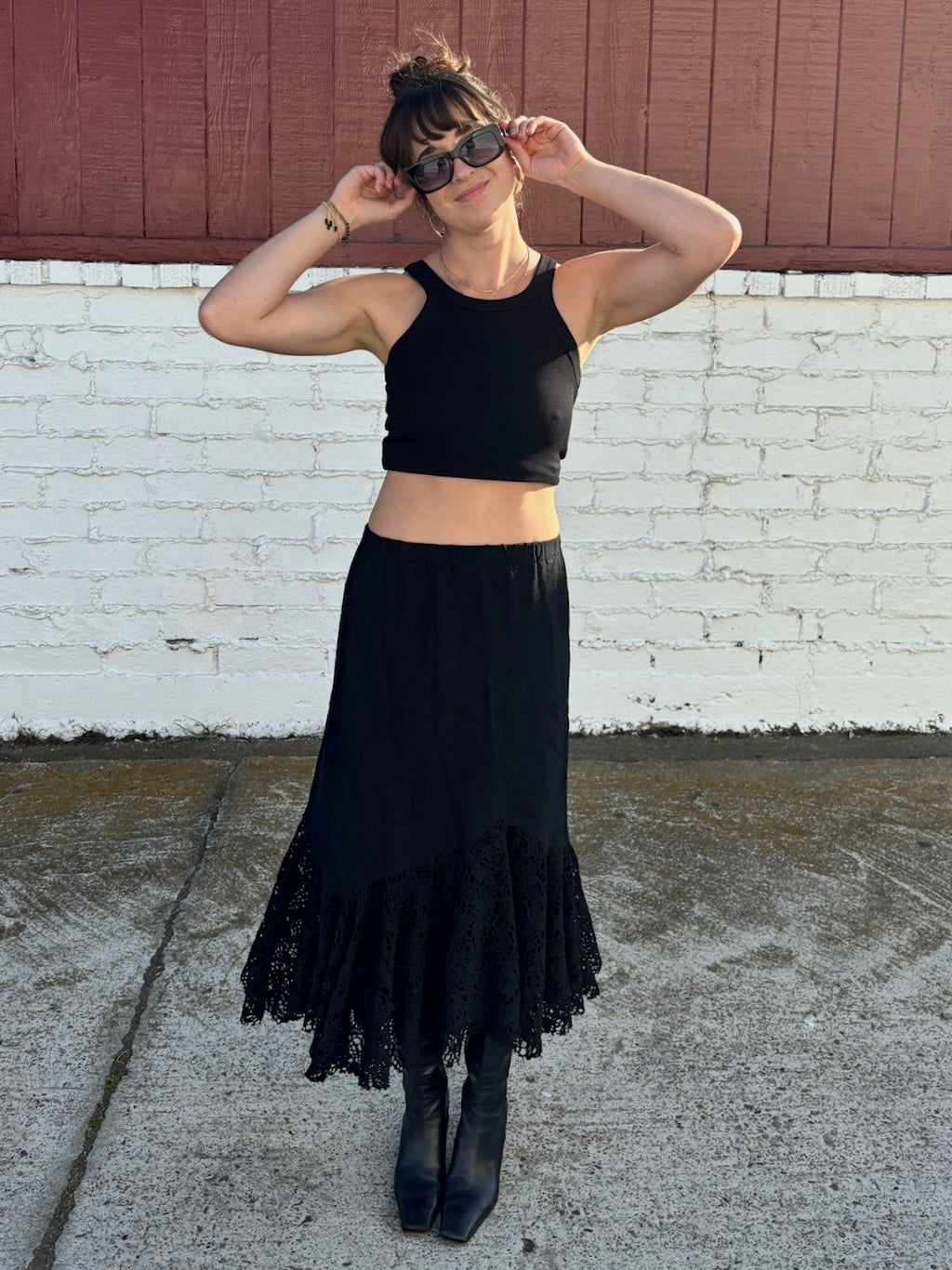 Black Midi Lace Hem Skirt