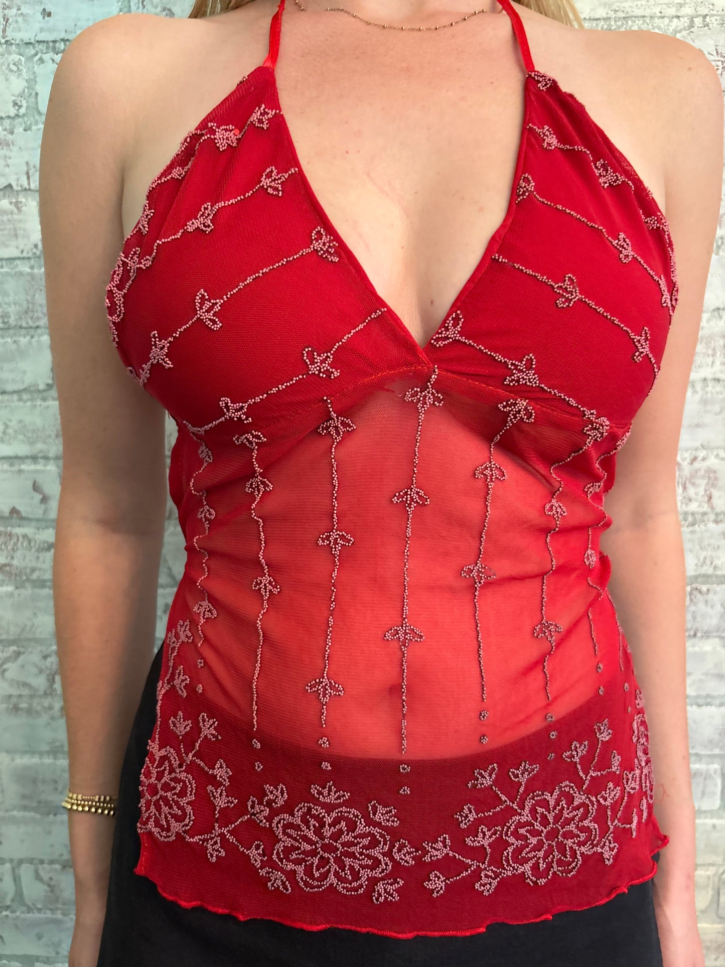 Red Beaded Sheer Halter Top