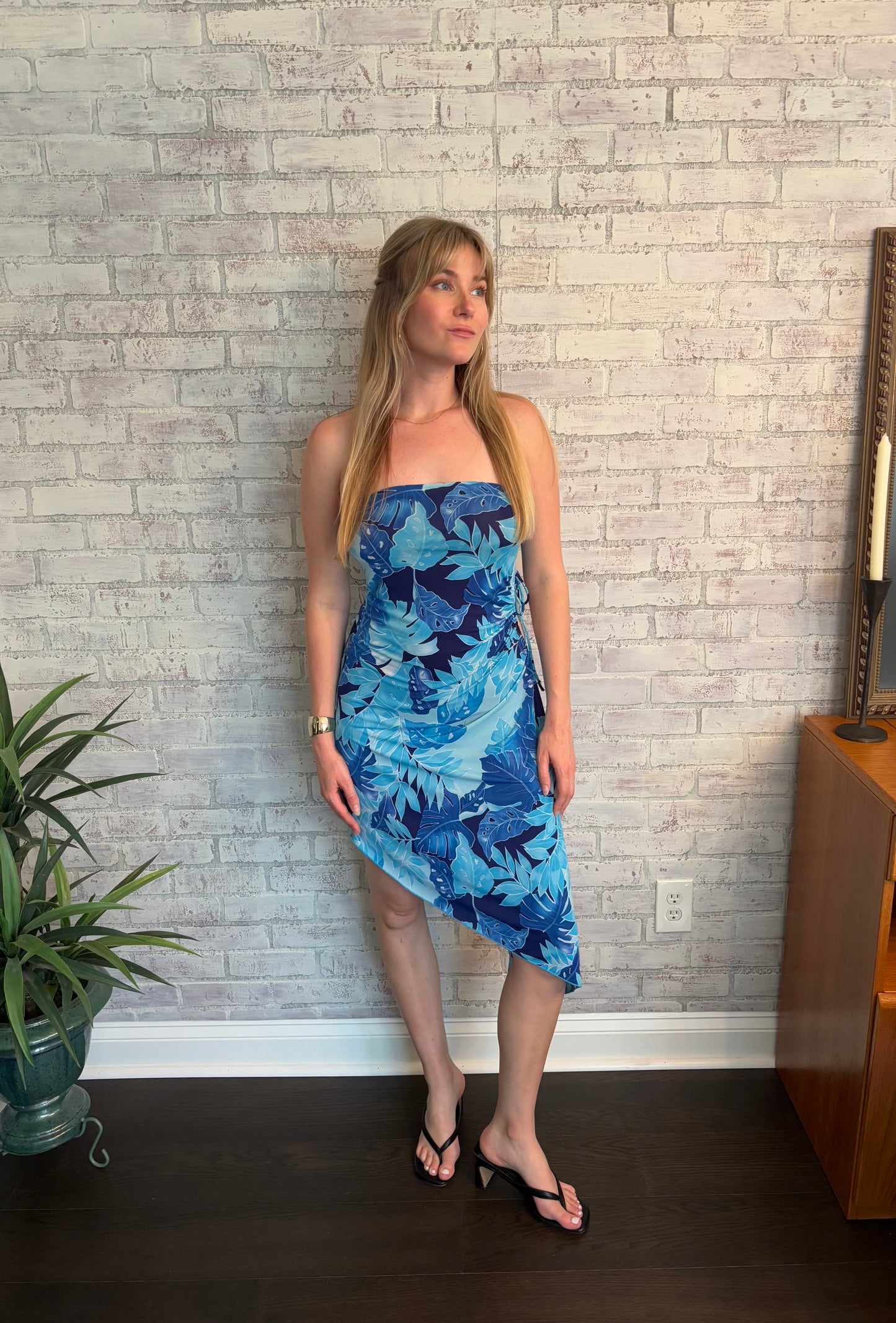 Vintage Y2k Blue Asymmetric Strapless Midi Dress