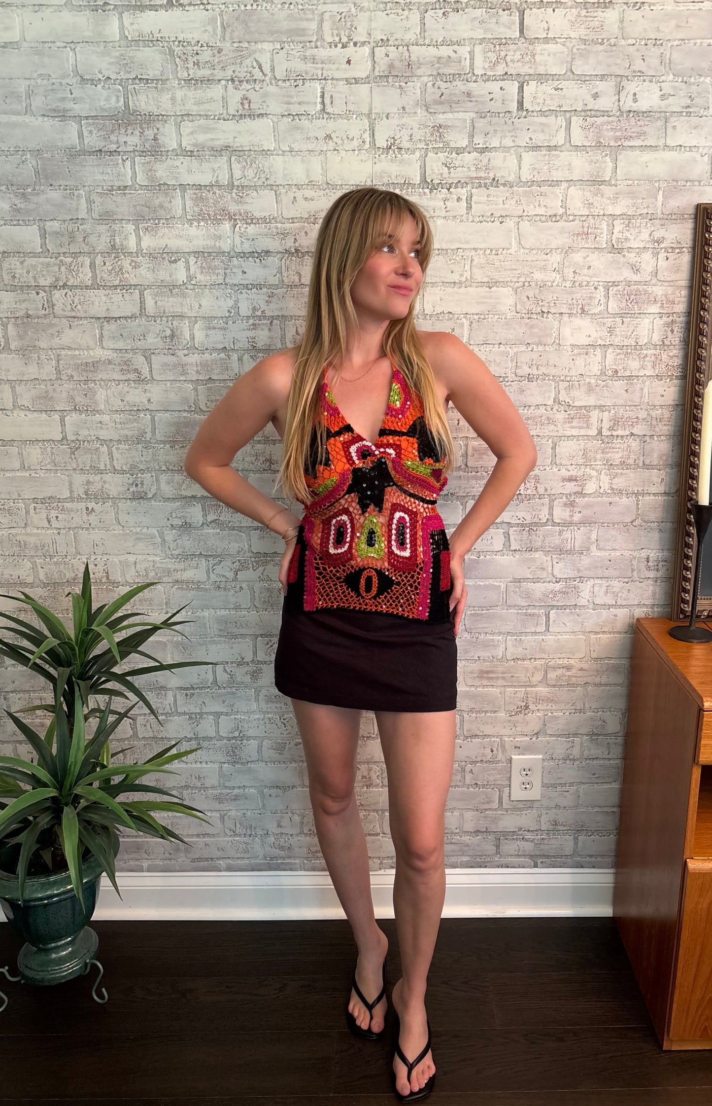 Multicolor Crochet Sequin Halter Top