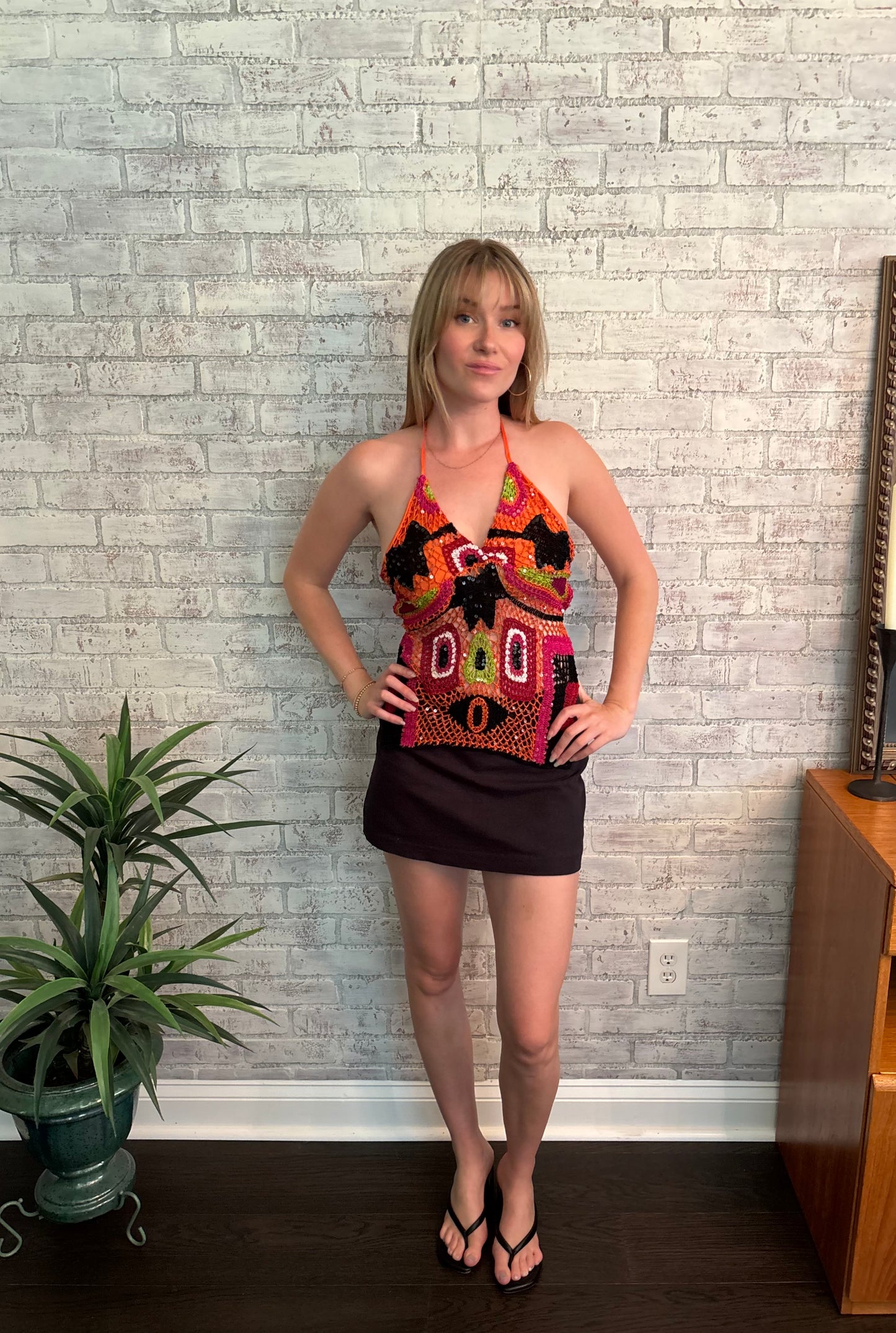 Multicolor Crochet Sequin Halter Top