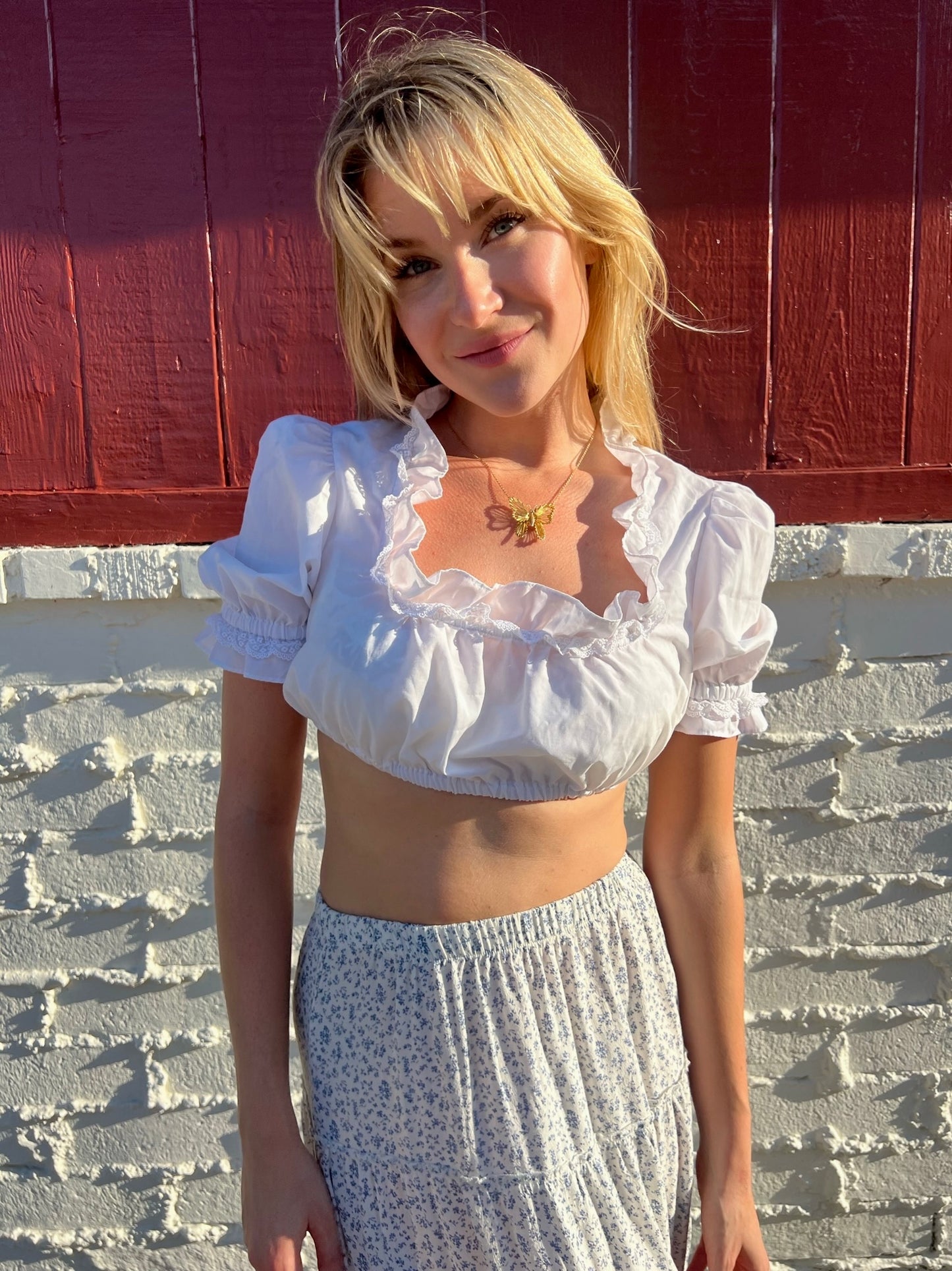 Vintage Cropped Ruffle White Top