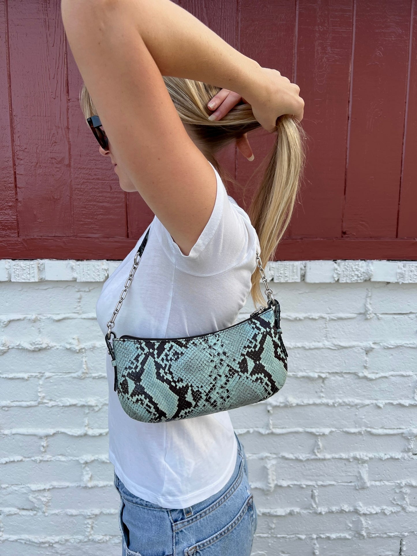 Leather Snakeskin Print Shoulder Bag