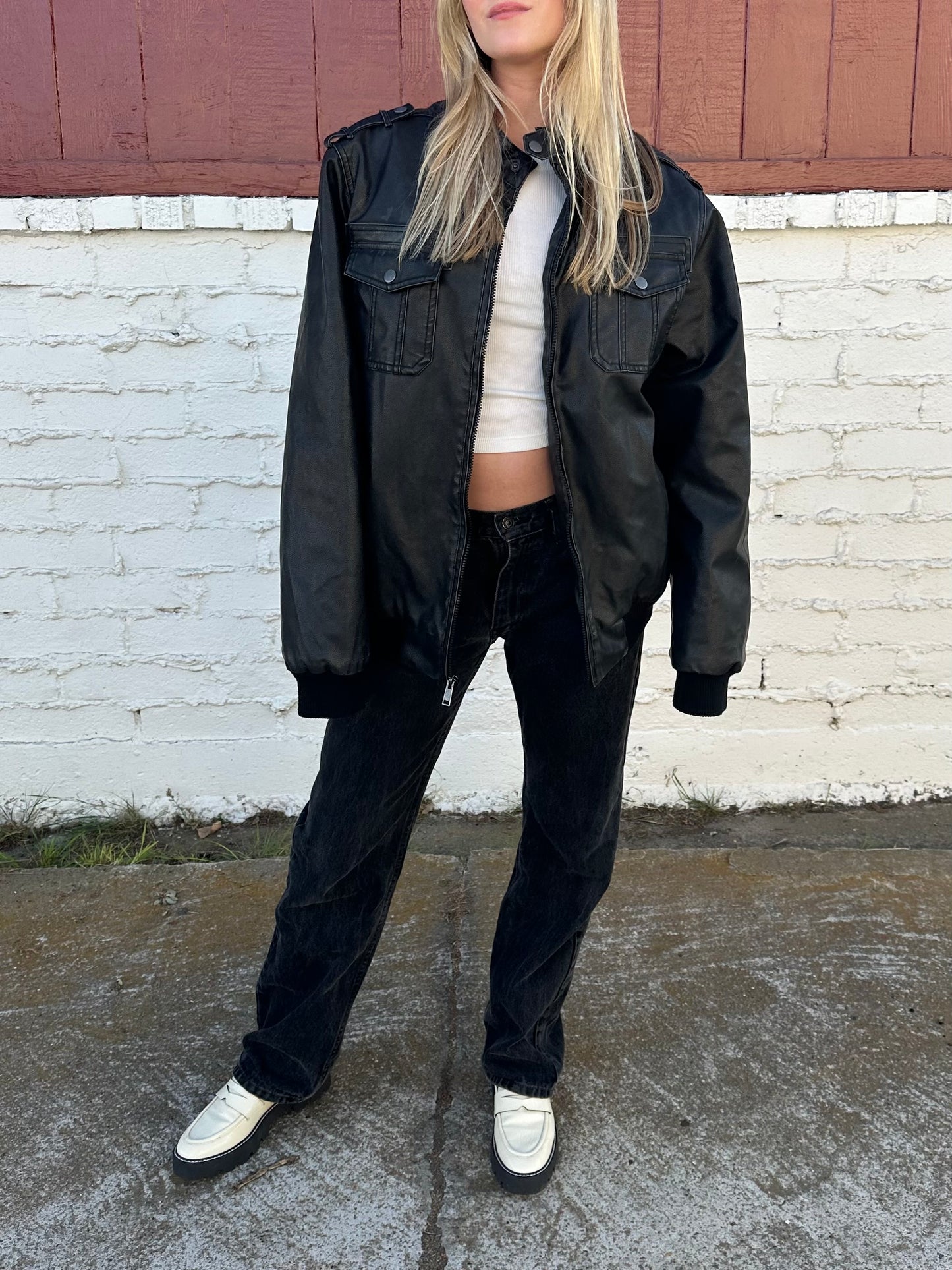 Black Faux Leather Sherpa Bomber Jacket