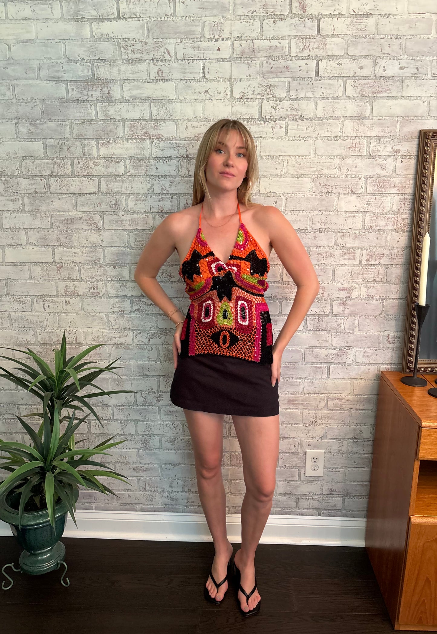 Multicolor Crochet Sequin Halter Top