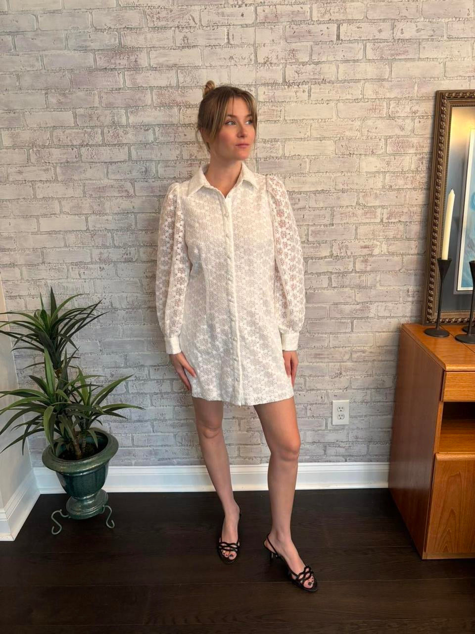 White Anthropologie Lace Button Down Dress