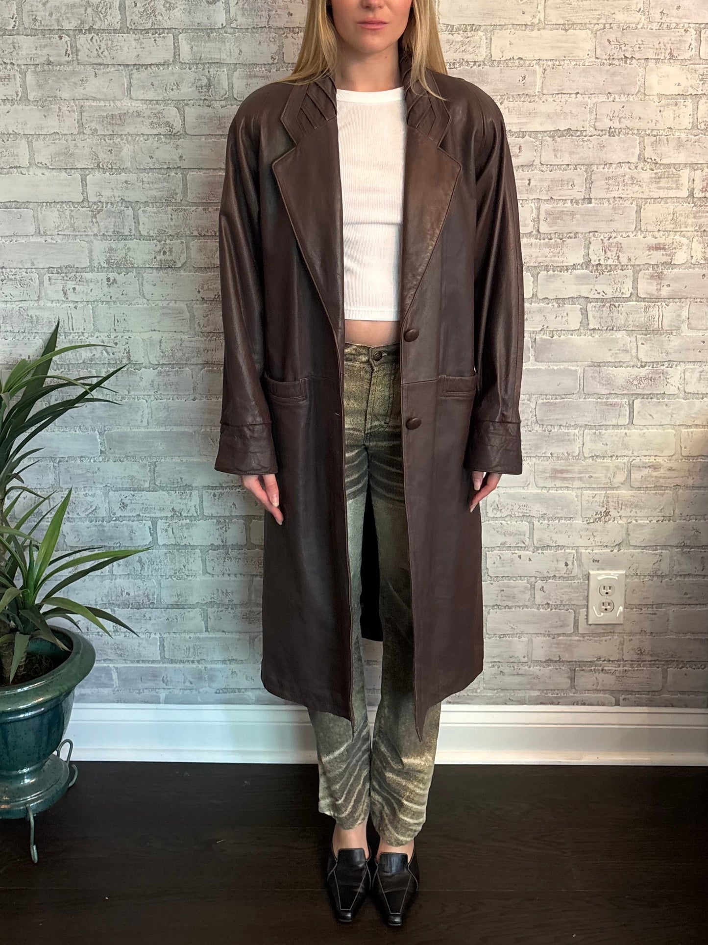 Vintage 90s Brown Leather Trench Coat